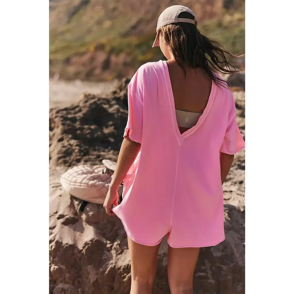 Free People Movement Hot Shot Tee Romper Pink Lemonade Size Medium - Picture 2 of 13